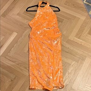 Caroline Constas Orange Halter Sequin Midi Dress